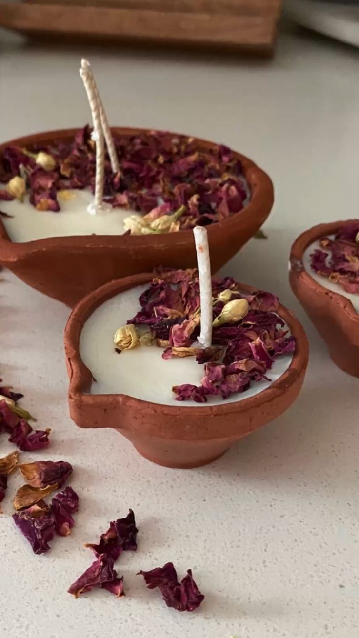 Handcrafted Clay Diya Candles with Dried Rose Petals