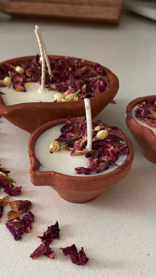 Handcrafted Clay Diya Candles with Dried Rose Petals