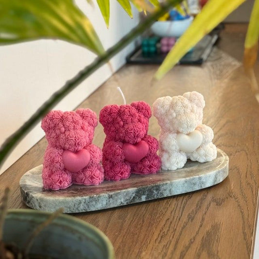 Rose Teddy Bear Heart Candles – Set of 3